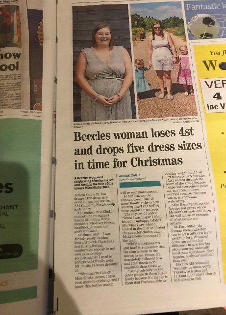 Abby_sw_earl's tweet photo. Our amazing Miss Slinky Jemma in the @BBJournal24 this week. 
Come and join us on Tuesdays @ St Luke’s Church 9.30 &amp; 11.30 and you could #slim4xmas.
Thanks @JamesCarr_93 for helping us spread the word.
#slimmingworld #beccles
#weightloss https://t.co/DrmpYaVpTf
