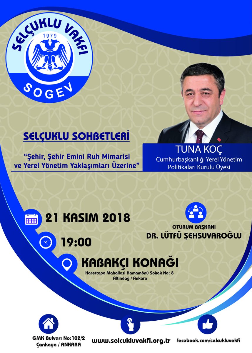 Selçuklu Vakfı'nın Değerli Dostları,
Sizleri Selçuklu Sohbetleri'ne Bekliyoruz.

selcukluvakfi.org.tr

#SelçukluVakfı #TunaKoç #Şehir #Mimarlık #Şehircilik #Belediyecilik #YerelYönetim #TürkYurdu #Turan #Ankara #İstanbul #İzmir #Bursa #Ordu #Adana #Tarih #TürkTarihi #Hamamönü