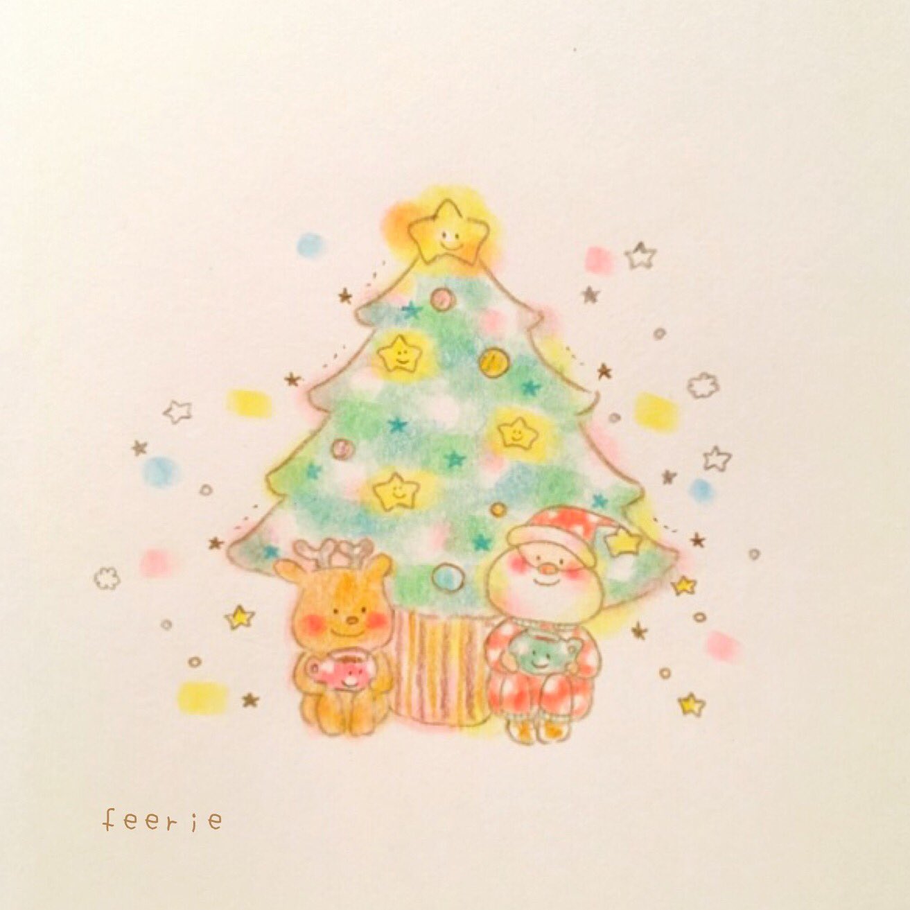 色鉛筆画 A4.猫 クリスマス7 カスタマイズされたペットの絵/色鉛筆画