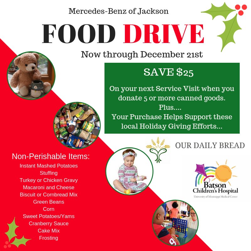 Donate &amp; Save at our Holiday Food Drive!  Bring in 5 or more non-perishable items on the list and we'll take $25 off your Service.  It's that simple!  Help us make the holidays special for a family in need.  Now through December 21st.