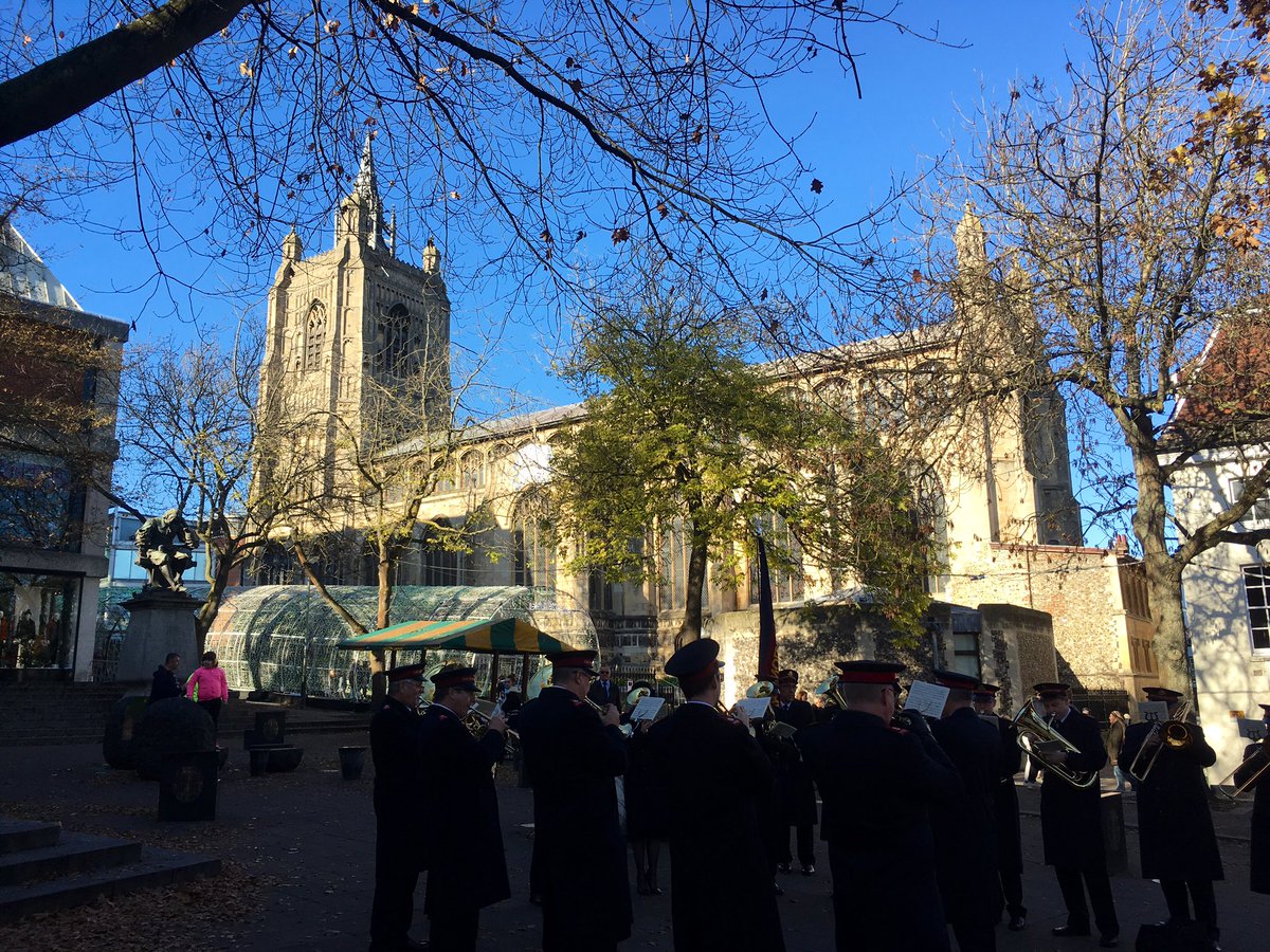 It’s a beautiful day in Norwich today - here is the wonderful <a href="/norwichcit_sa/">Norwich Citadel SA</a> band on Hay Hill with #mytunneloflight , the statue of Sir Thomas Browne and us in the background. Lovely.