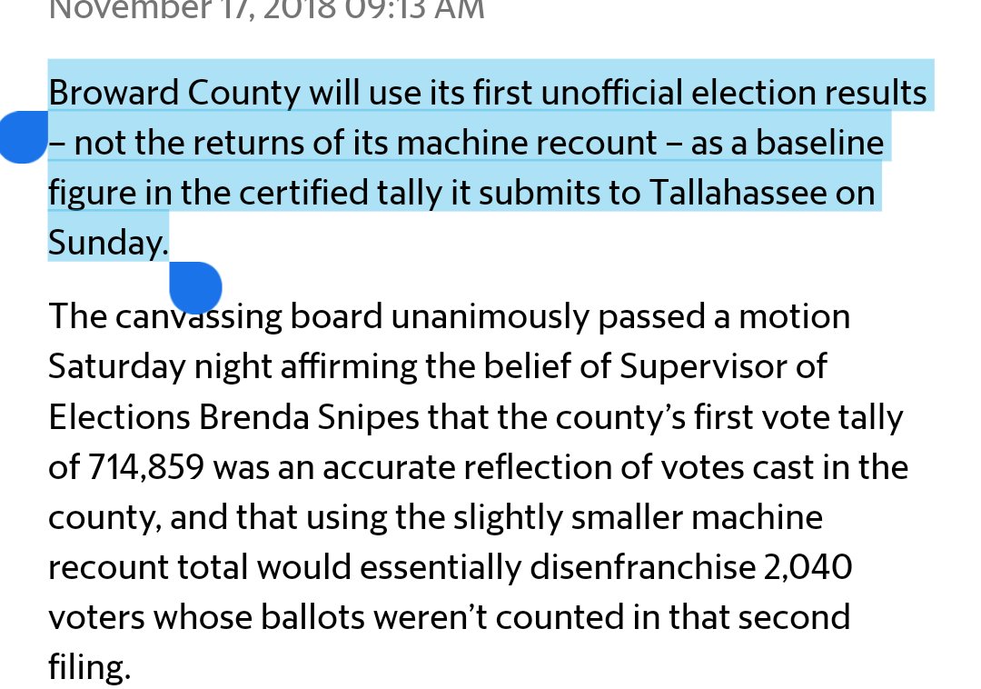 Phil Kerpen (@kerpen) on Twitter photo 2018-11-18 12:40:32 NYT was wrong. Broward will NOT use its recount total but rather its initial count. Scotts +779 net votes go poof. Same cant use recount with lower total excuse as Hillsborough. amp.miamiherald.com/news/politics-… NYT was wrong. Broward will NOT use its recount total but rather its initial count. Scotts +779 net votes go poof. Same cant use recount with lower total excuse as Hillsborough. amp.miamiherald.com/news/politics-…
