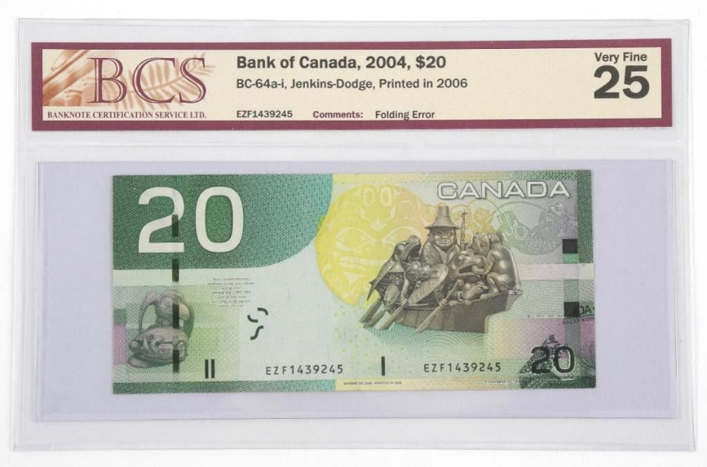 Auction_Network's tweet photo. #Banknote #Auction Goes Live Today at 12:00 PM EST. - Bank of Canada 2004 20.00 Printed in 2006 VF-25 Folding Error 'BCS'
https://t.co/2Xjb0dg1xJ #Banknotes #BanknoteAuction https://t.co/nmXLtFSaXG