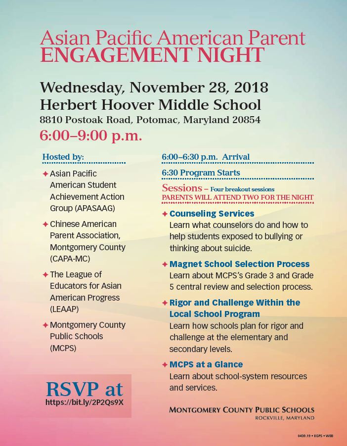 Parents: Asian Pacific American Parent Engagement Night will be held 6 p.m. Non. 28 at Herbert Hoover Middle School. RSVP here:
bit.ly/2P2Qs9X