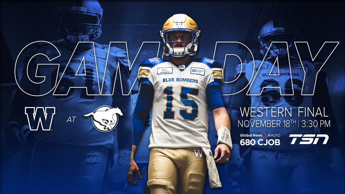 Wpg_BlueBombers's tweet photo. The countdown is on. #ForTheW 
📍 | McMahon Stadium
🆚 | @CalStampeders
🕑 | 3:30 pm CT
📻 | @680CJOB
📺 | @TSN_Sports https://t.co/SOb6rzHQUW