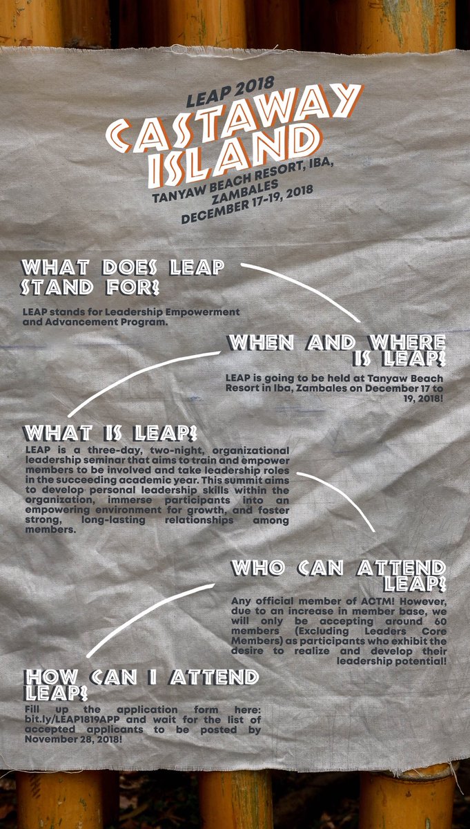 AteneoACTM's tweet photo. Find your path as we take the leap.
Embark on a 3-day journey of survival with your fellow leaders on December 17-19, 2018 at
Tanyaw Beach Resort in Iba, Zambales.
Sign up at https://t.co/f0aynNa09e before November 24.
Ignite the leader within.
#LeadTheTribe #LEAP2018 https://t.co/uxVu3yn8t2