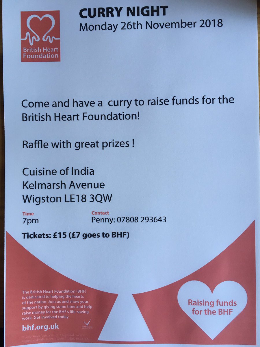 Message me for info/tickets and PLEASE retweet!
#heartdisease #BHF #charitycurrynight #charity #heartcharity #Leicesterevents