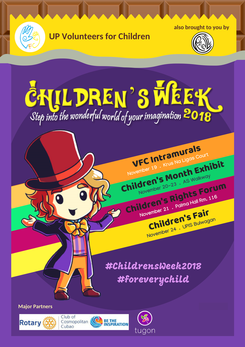 UP_VFC's tweet photo. UP Volunteers for Children presents
Children's Week 2018: Step into your World of Imagination!
Join us as we celebrate National Children's Month this November in a week-long celebration filled with fun and excitement! 💜💛
#foreverychild #UPVFC #ChildrensWeek2018 https://t.co/4pCSIupkG8