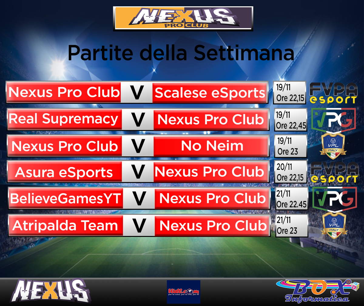 NexusProClub's tweet photo. Alle porte, un'altra settimana ricca e con impegni di livello in 
@FVPA_net 
@VPG_Italy 
@VPLItaly 

#GoNexus @Nexus_eSports_ https://t.co/BNwQYOd6fZ