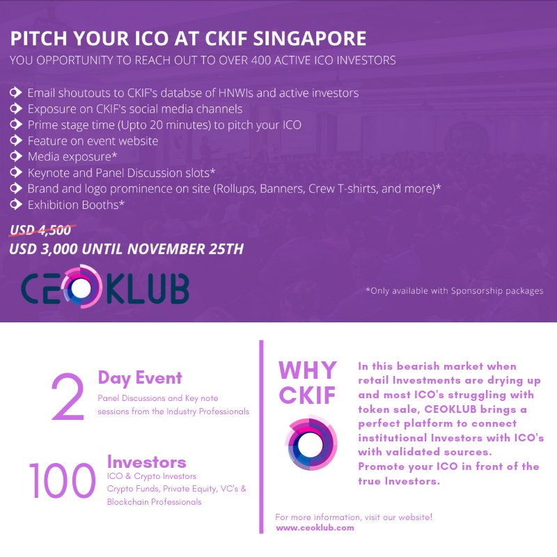 CEOKLUB1's tweet photo. Register fast for the final event of the year #CKIF #Singapore December 2018. 

#Blockchain #events #investment #Summit #fundraising #ICO 

https://t.co/3P4tuDvJYs https://t.co/jYNJW3WxsC
