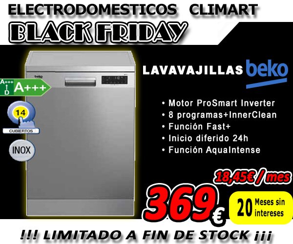 Climartonline's tweet photo. #Black #Fryday en https://t.co/ked5RaoPeK #Oferta de #Lavavajillas #Beco #Motor #ProSmart #Inverte con 8 #Programas #InnerClean #precio irresistible de 369€, #financiacion 20 meses #sin intereses #cuota 18,45€ #mes @Climartonline. Oferta #valida hasta el 24 de #Noviembre !!! https://t.co/ikY0Cu3rGr