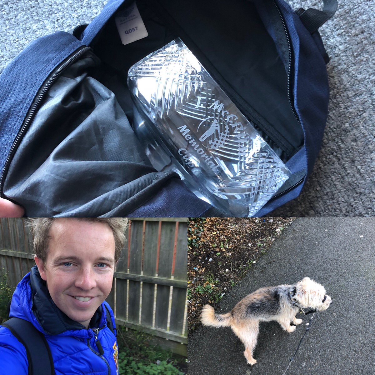 Ulstergolfdaily's tweet photo. When you need to return a trophy that wasn’t meant to come home last night, your car needs collected from the club and the dog needs walked! 🤣 #threebirdsonestone https://t.co/0A2w71En6X