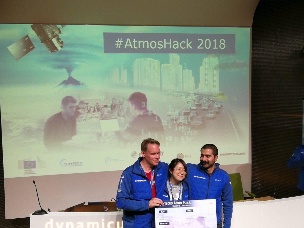 CopernicusECMWF's tweet photo. 💻And the winner of the #Copernicus #AtmosHack is... Team AeroZee! With their application that helps people choose where in a city to live. AeroZee win entry to the #CopernicusAcceleratorProgramme and much more! Congratulations to all involved 🎉🏆 https://t.co/578j4sGrpp