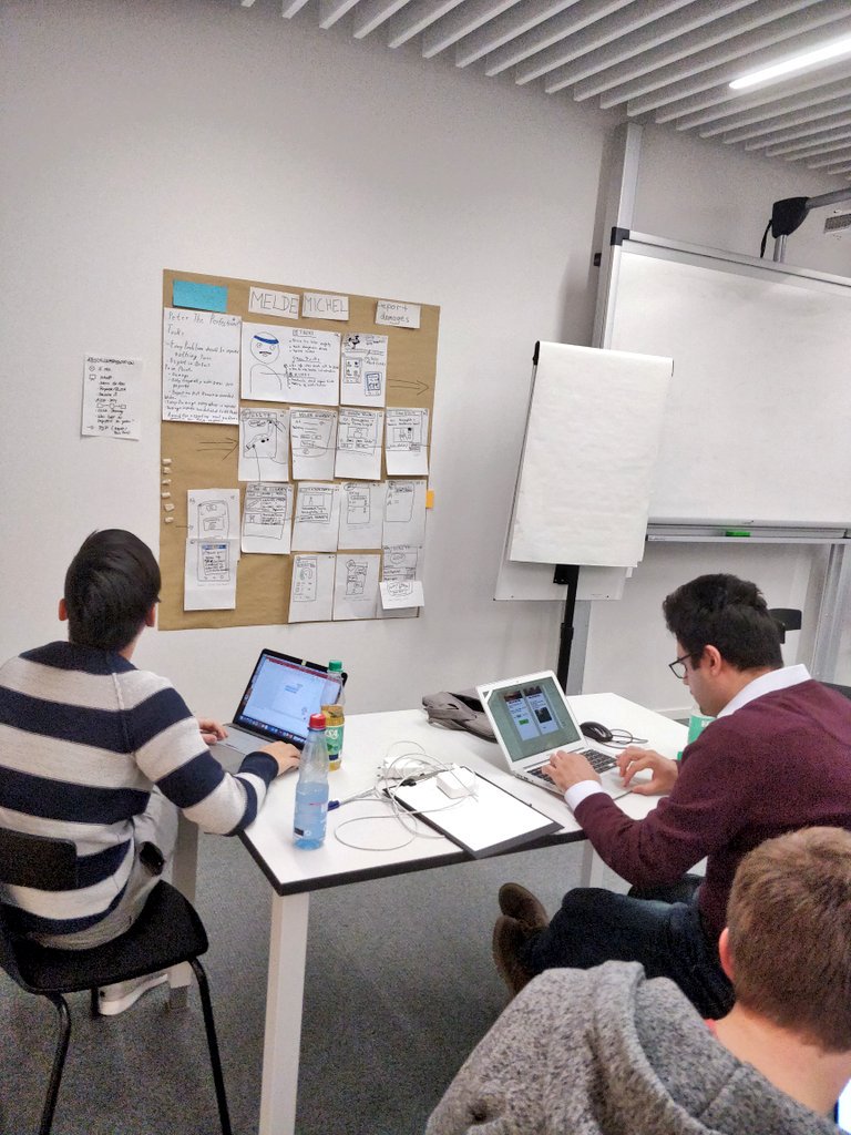 ODSHamburg's tweet photo. Heute hatten unsere Gruppen eine Einführung für #AdobeXD als #Prototyping-Tool und haben dann ihre letzte #Sketching-Iteration digitalisiert und zum Click-Dummy weiterentwickelt. Jetzt folgen nur noch die Abschlusspräsentationen für heute. #ux #designstudio #designthinking https://t.co/OAdSXxN8Y2