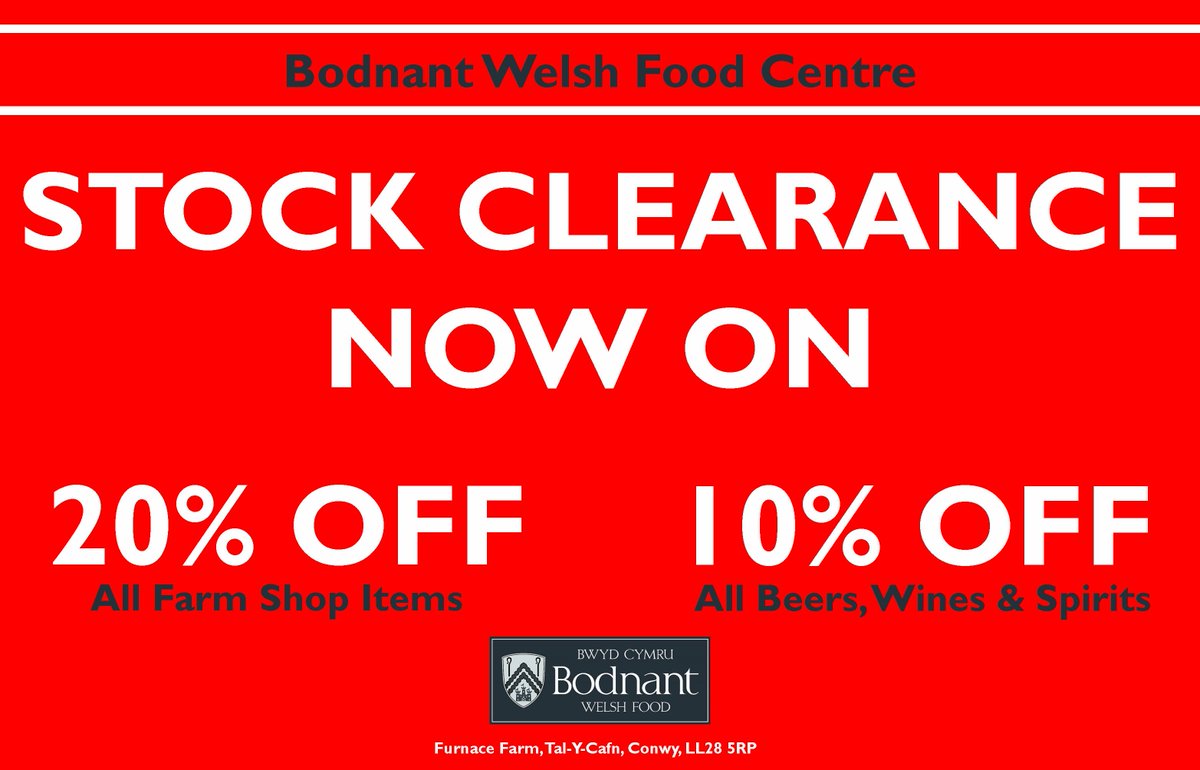Stock clearance now on! 20% off all farm shop items &amp; 10% off all beers, wines &amp; spirits PLUS 15% off Rose' wine &amp; cider while stocks last #bodnant #northwales