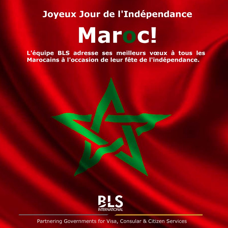 BLS_Maroc's tweet photo. L'équipe BLS adresse ses meilleurs vœux à tous les Marocains à l'occasion de leur fête de l'indépendance. 
Joyeux Jour de l'Indépendance Maroc!
@SpainMFA @MAECgob @Morocco_UN @Maroc_eGov 
#Essaouira #Meknes #MarrakechOujda #ApplySpainVisa #Agadir #Casablanca #Nador #Rabat https://t.co/HnppykIziM