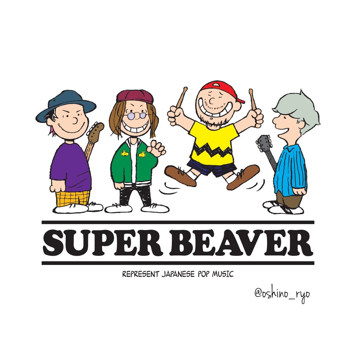りょう Twitter वर Tシャツに使ったイラストをリクエストいただいたので Super Beaver スヌーピー風です イラスト 似顔絵 Superbeaver スヌーピー ピーナッツ