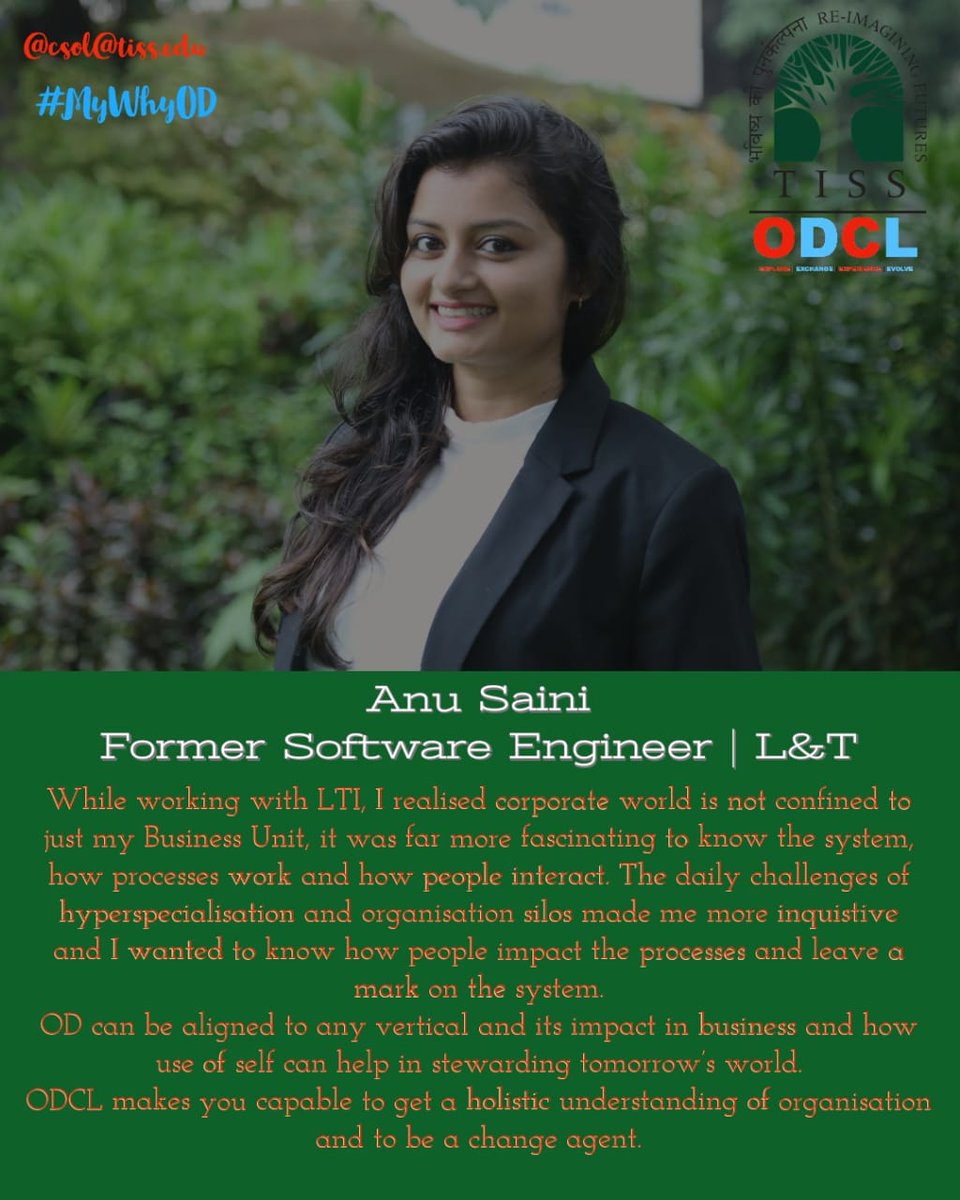 TISSODCL's tweet photo. Anu Saini worked with L&amp;T as a Software Engineer before joining the program. Anu has always been entrusted with key responsibilities and she has consistently delivered outstanding results to justify this trust. 
Here is @_AnuSaini's #MyWhyOD : https://t.co/n9nh0f06hl
