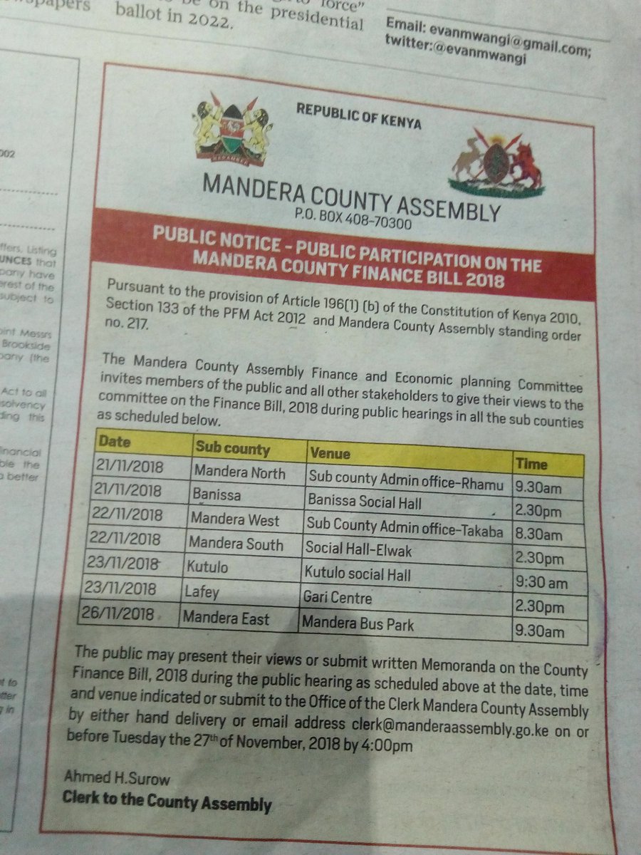 Call for public participation on the Mandera County Finance Bill, 2018 @ipfkenya @nyorude @JoyceMatogo @HERAF_Kenya @aldefkenya @oxfaminKE @CIOGKenya @hakijamiitrust @WomankindKenya @Asmali77 @ManderaNiKenya @Mandera_cgvt @ManderaCountyF