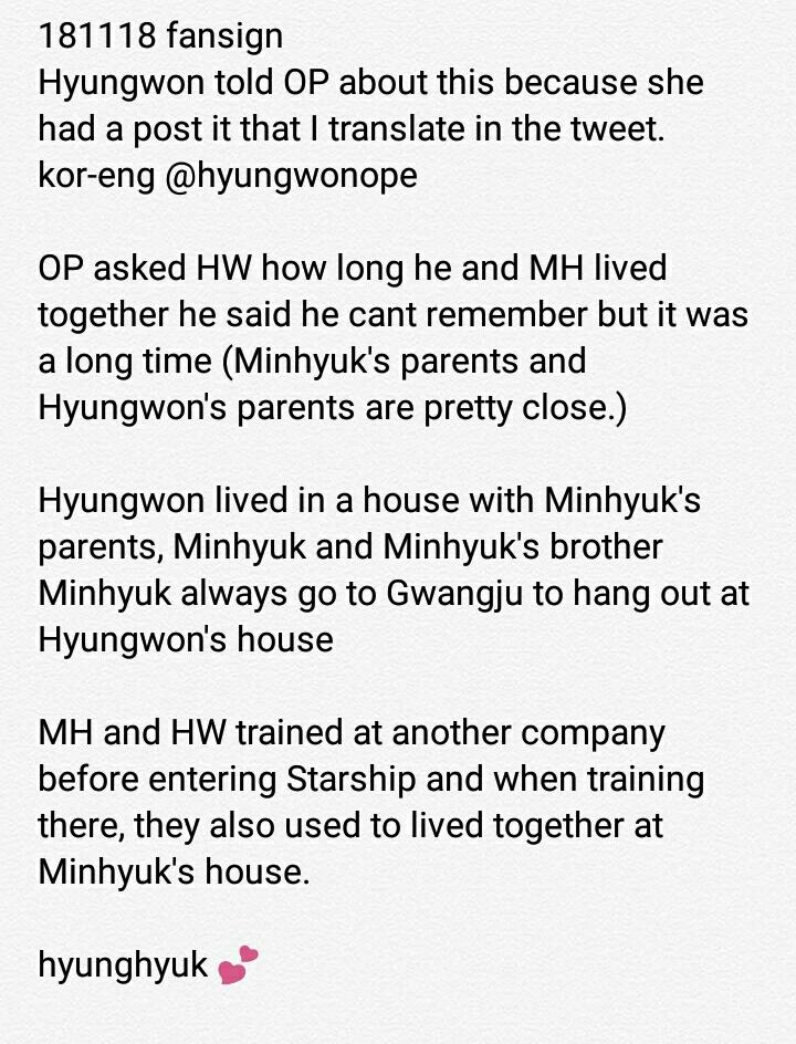 hyungwonope's tweet photo. 181118 💗
Q: when you lived with Minhyuk what were you most grateful for?
Hyungwon: feeding me

Hyungwon doesnt have a place or house in Seoul because he was from Gwangju, after joining Starship he asked Minhyuk if he could stay at his house and they shared room.

full story: https://t.co/47ahbXzLch