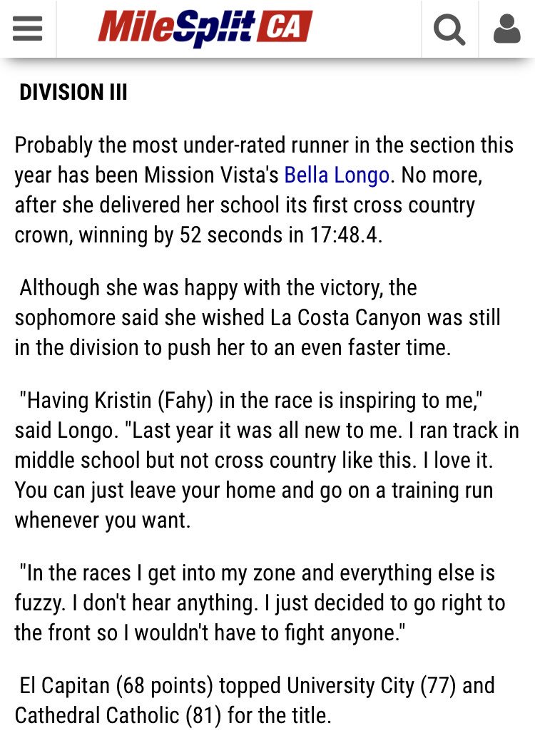 Here’s the Division 3 CIF XC Champion!  She’s making VUSD proud and .<a href="/MissionVistaHS/">Mission Vista H.S.</a>!  Next up is State Championship!