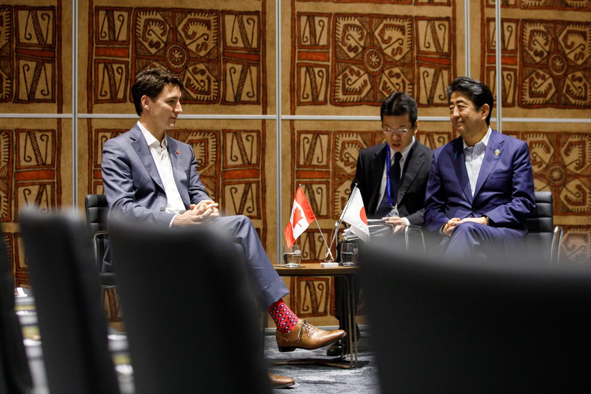 Très agréable de revoir le PM du Japon @AbeShinzo et de pouvoir discuter des bons emplois qui découleront du PTPGP. Je suis enthousiaste à l’idée de poursuivre nos efforts visant à réduire la pollution par le plastique et à rendre le monde plus sécuritaire.