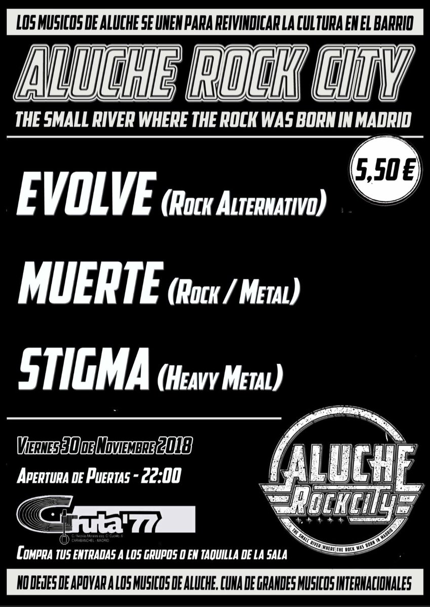 EvolveOficial's tweet photo. Contando los días para participar en la nueva edición de conciertos de @alucherockcity. Será el 30 de noviembre (viernes) en @gruta77madrid... No puedes faltar... y lo sabes!  #conciertosmadrid #gruta77 https://t.co/c6ncLuVtQm