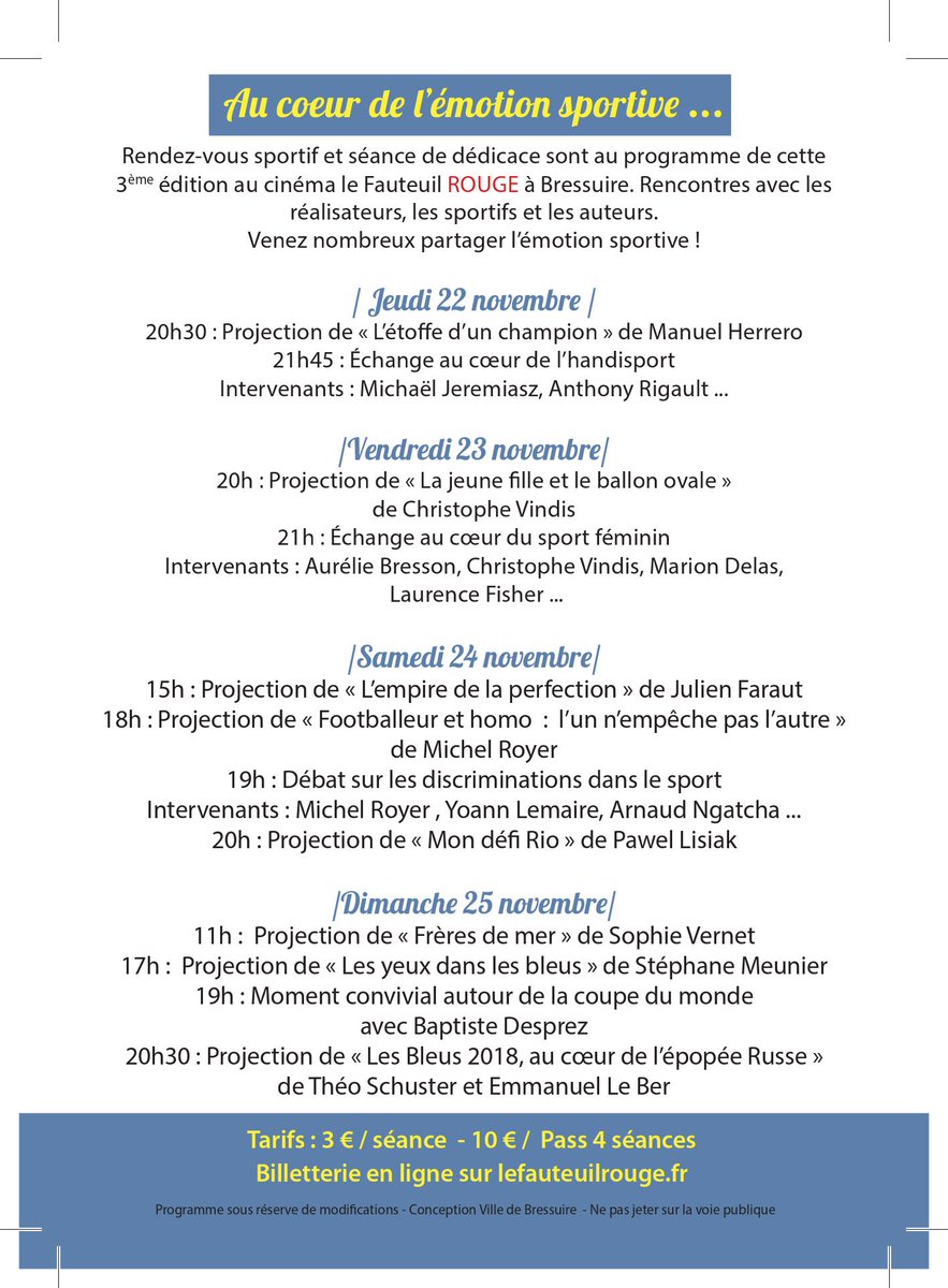 Sebastienbeauj's tweet photo. En approche ! 
Festival Lettres et Images du Sport à #Bressuire Programmation des documentaires sportifs
@L_Oeil_du_Tigre @Ecrirelesport @f_rouillere @sofoot @herrero_manu @MJEREMIASZ @riouyoann @LemaireYoann Venez nombreux, de beaux moments à partager ;) https://t.co/7wDi15jQ3c