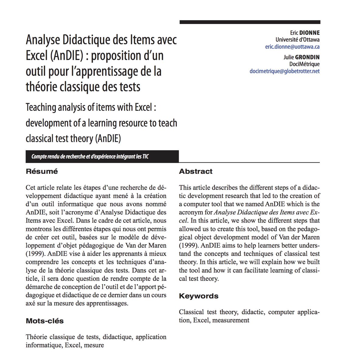 ritpu's tweet photo. Analyse Didactique des Items avec Excel (AnDIE) : proposition d’un outil pour l’apprentissage de la théorie classique des tests (@uOttawaEdu @ericdionne) https://t.co/n9HgqDyVwz #didactique #Excel #TICE https://t.co/RV5A4IJ1Lp
