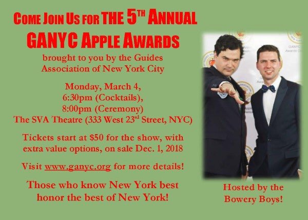 GAofNYC's tweet image. Put it in your date books, kids!
 
The 5th Annual GANYC Apple Awards will be on Monday, March 4th, 2019
 
Our hosts will be longtime GANYC Favorites: The Bowery Boys! We're very excited to see what Gregory Young and Tom Meyers bring to our Awards!

Tickets on sale December 1!