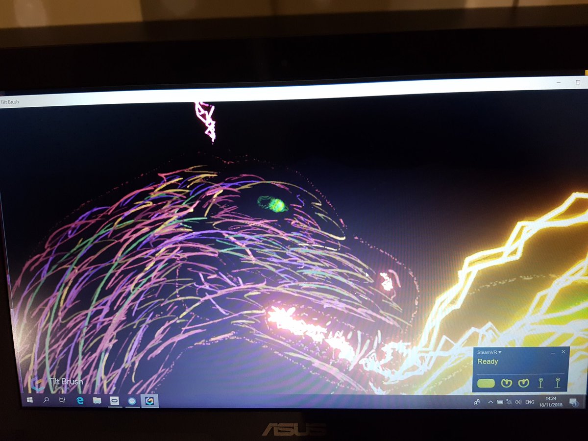 1adoyle's tweet photo. Today I drew a dragon in VR at #WGDUB18 because the future is now and #WritersGame is awesome. His name is Beocht. He looked cooler in person, what with all the shining light and dancing fire #youhadtobethere #VR https://t.co/4obYbyK5e7