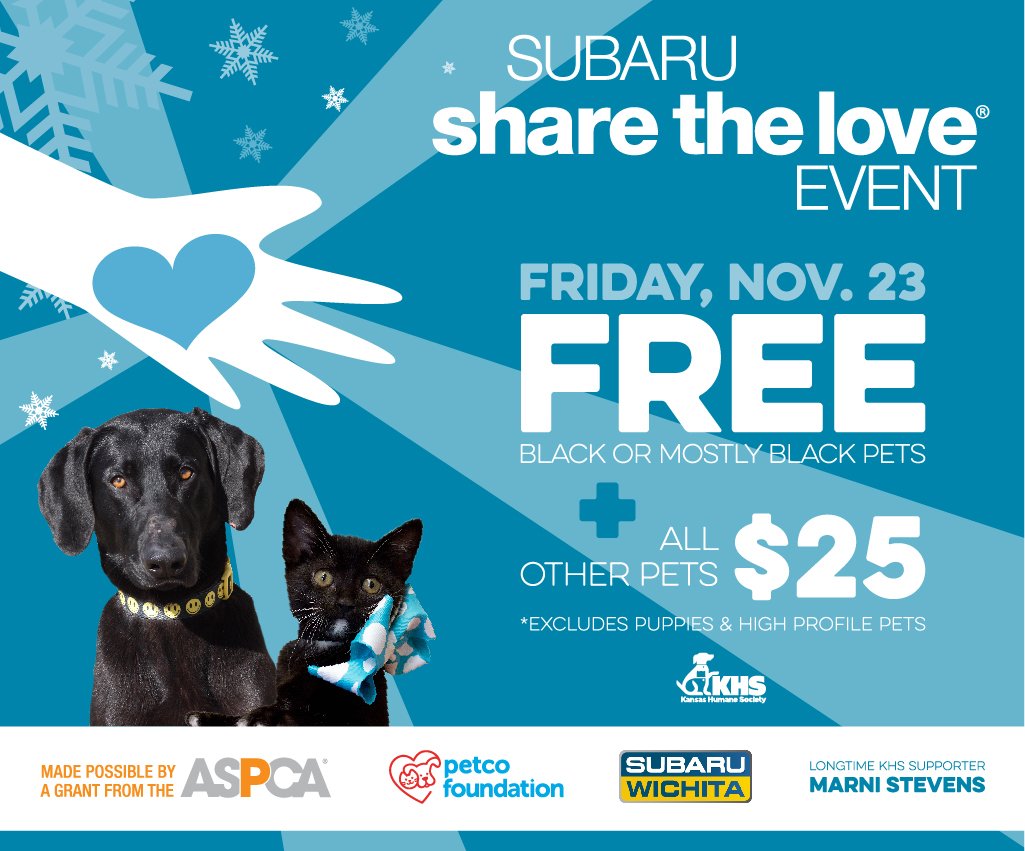 kshumanesociety's tweet photo. KHS has partnered with @ridehomehappy and the @ASPCA to bring you the Subaru Share the Love Adoption Event. #Sharethelove #aspcaSTL
Friday, Nov. 23 from 10 am until the last animal is adopted, or 6:30 pm
Full details: https://t.co/K6Yrl97oIM https://t.co/dTfmRQQPdz