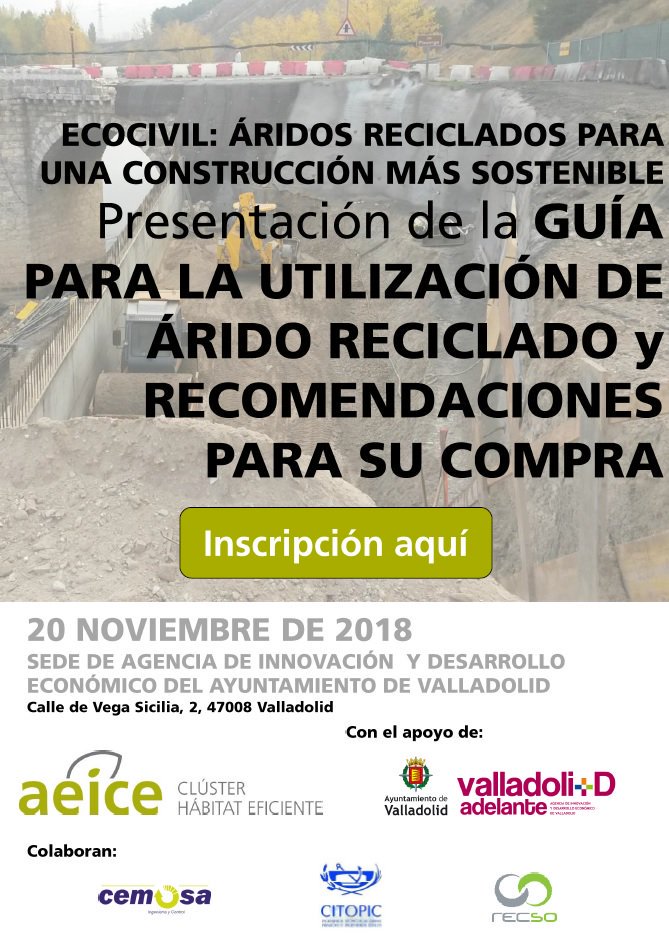 AyuntamientoVLL's tweet photo. El martes, las dependencias de @INNOLID celebran la jornada de #EcoCivil de @ClusterAeice sobre la utilización de áridos reciclados para una construcción sostenible.
Un programa en el que se presentará la guía de utilización y recomendaciones para la compra de áridos reciclados. https://t.co/UJxxCecpHj