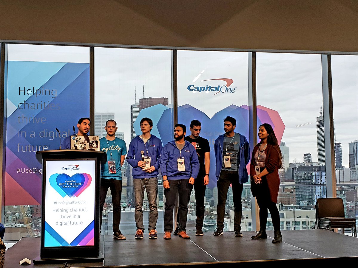 marc_saltzman's tweet photo. W00t! Congrats to #TheATeam's winning code for the @BGCCAN charity. Loved being a judge here at the #GiftTheCode 40-hour #hackathon, hosted by @CapitalOneCA in #Toronto. There are 6 charities in total, 6 winning teams, but all are super impressive #UseDigitalForGood https://t.co/W5NNcdXSZ9