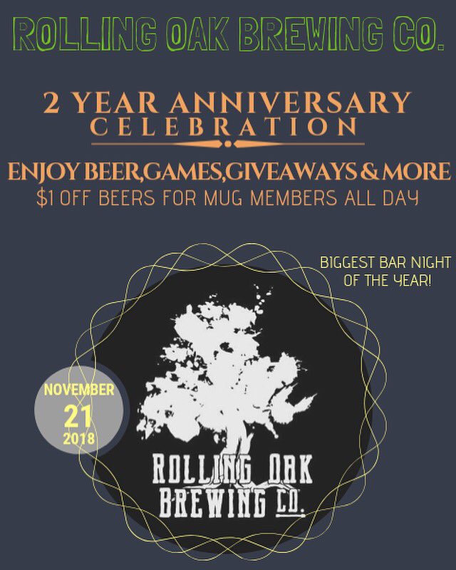 rollingoakbrew's tweet image. Rolling Oak Brewing Co. 2 year anniversary Wednesday 11/21/18
Celebrate with us on the biggest bar night of the year! We are so proud to hit our 2 year mark and we couldn’t do it without all of your support! Cheers to you!
#rollingoak #2yearanniversary  #joinus #cheers #beer