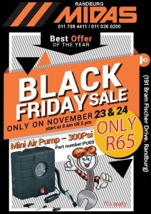 RandburgMidas's tweet photo. Only 5 more days to go until BLACK FRIDAY! To start things off here is one of the products on special.  Mini Air Pump – 300Psi – ONLY R65 (part number: PU05)
More info https://t.co/vapmxaIoQ9 https://t.co/deWJ5Odj9I