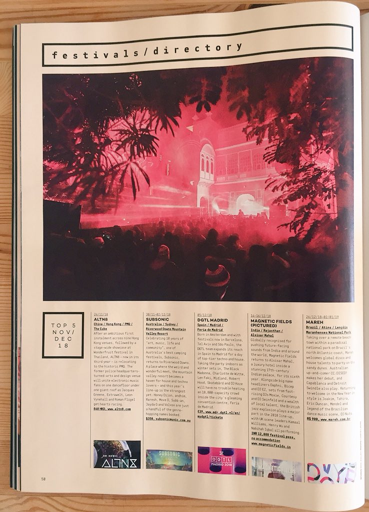 BenJolley1's tweet photo. Inside the #December issue of @Mixmag - out now and with @VonStroke on the cover - there’s my pick of the top festivals from around the world including @subsonicmusic #Australia @dgtlfestival #Madrid @magneticfields #India #ALTN8 #HongKong #mareh #Brazil https://t.co/iTnSX9dkIQ