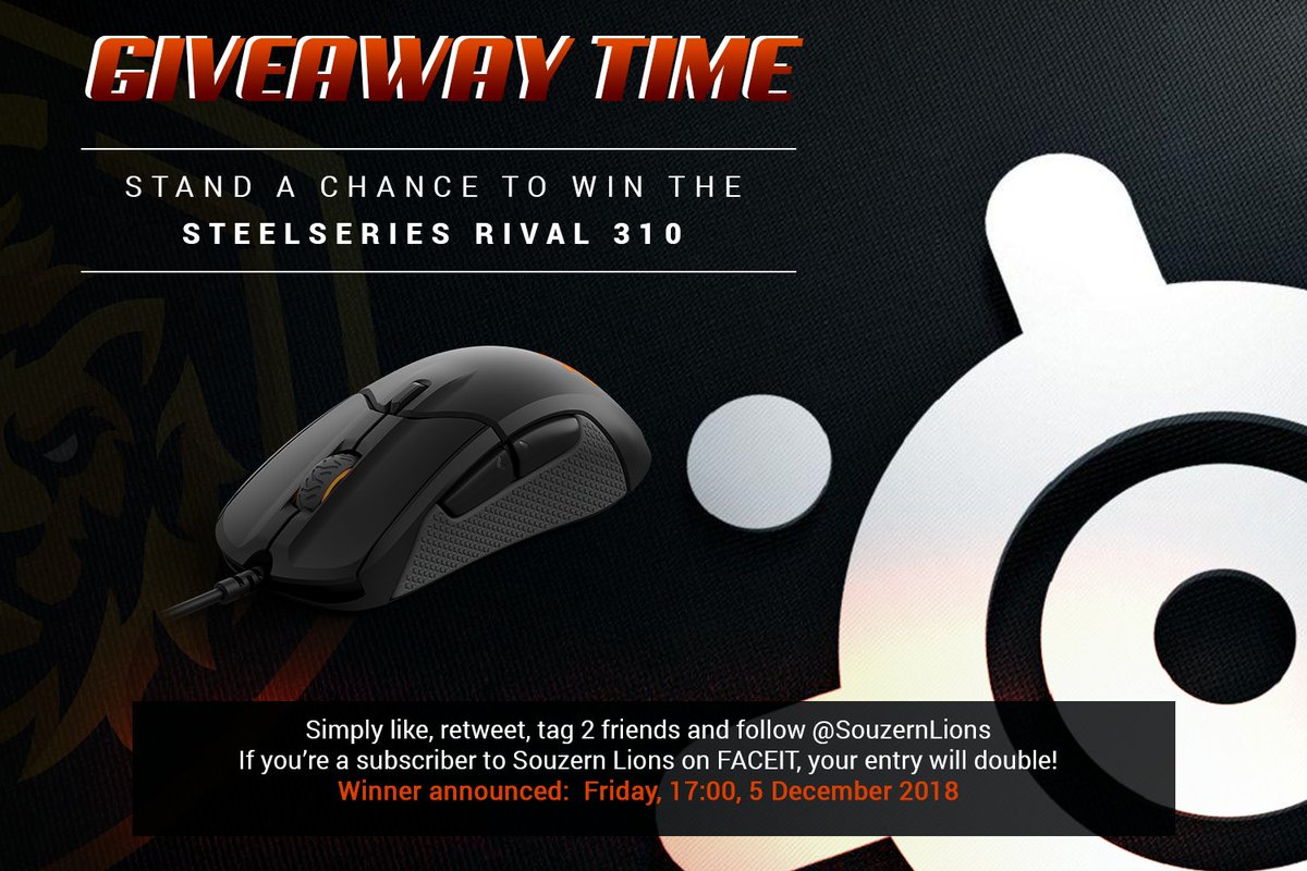 🦁 It's giveaway time again! 🦁

Stand a chance to win the SteelSeries Rival 310

All you have to do is:
✅ Follow: <a href="/SouzernLions/">SOUZERN</a>
✅ Like the tweet
✅ Tag 2 friends
✅ Retweet

Winner announced: Wednesday, 5 December 2018, 17:00