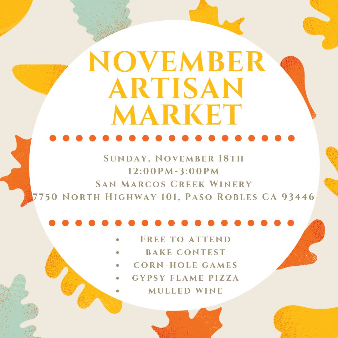 SMCVineyardPaso's tweet photo. Today is the day!! Stop by San Marcos Creek @Sanmarcoscreek to support our local vendors, taste test the bake contest, and to try our mulled wine! We will also have Gypsy flame pizza and corn-hole games! FREE event to attend, from 12:00PM-3:00PM! https://t.co/1swNb9yVFR