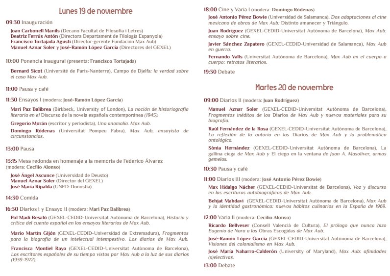 lilibresca's tweet photo. El lunes y el martes vamos a tener las "Jornadas Internacionales Max Aub: Biografía, diarios y ensayos" en la UAB. Dejo aquí el programa, por si a alguien le interesa la literatura del exilio republicano. #GEXEL #MaxAub https://t.co/eyua2S3uRe
