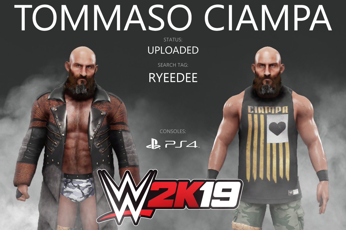Hey @WWEgames fans, #WWE2K19 #caw @ProjectCiampa #TommasoCiampa #NXTTakeOverWarGamesII attire is now on CC. Download now by using #RYEEDEE as a search tag. Enjoy 😁
@SmackNetwork @OfficialCAWsWS @ElementGamesTV @TheSDHotel #GiveCAWCreatorsAChance #BLACKHEART #WWENXT #PS4share