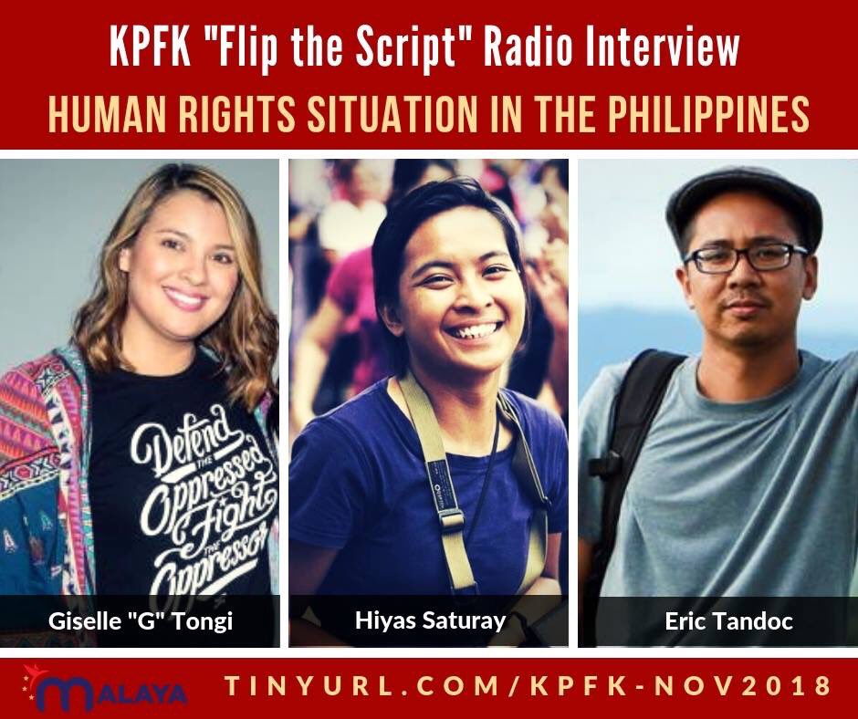 flipthescriptla's tweet image. Listen to last week’s show about the human rights situation in the Philippines including the recent International Peoples&apos; Tribunal, attacks on press freedom, and #BoycottNutriAsia 
tinyurl.com/kpfk-nov2018
#MalayaMovement  #StopTheKillingsPH #IPT2018
malayamovement.com