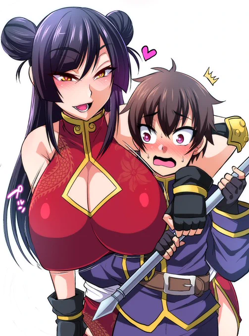 お題箱絵(https://t.co/FKFGbnIbSo )「ショタ魔法使いと爆乳格闘家」 