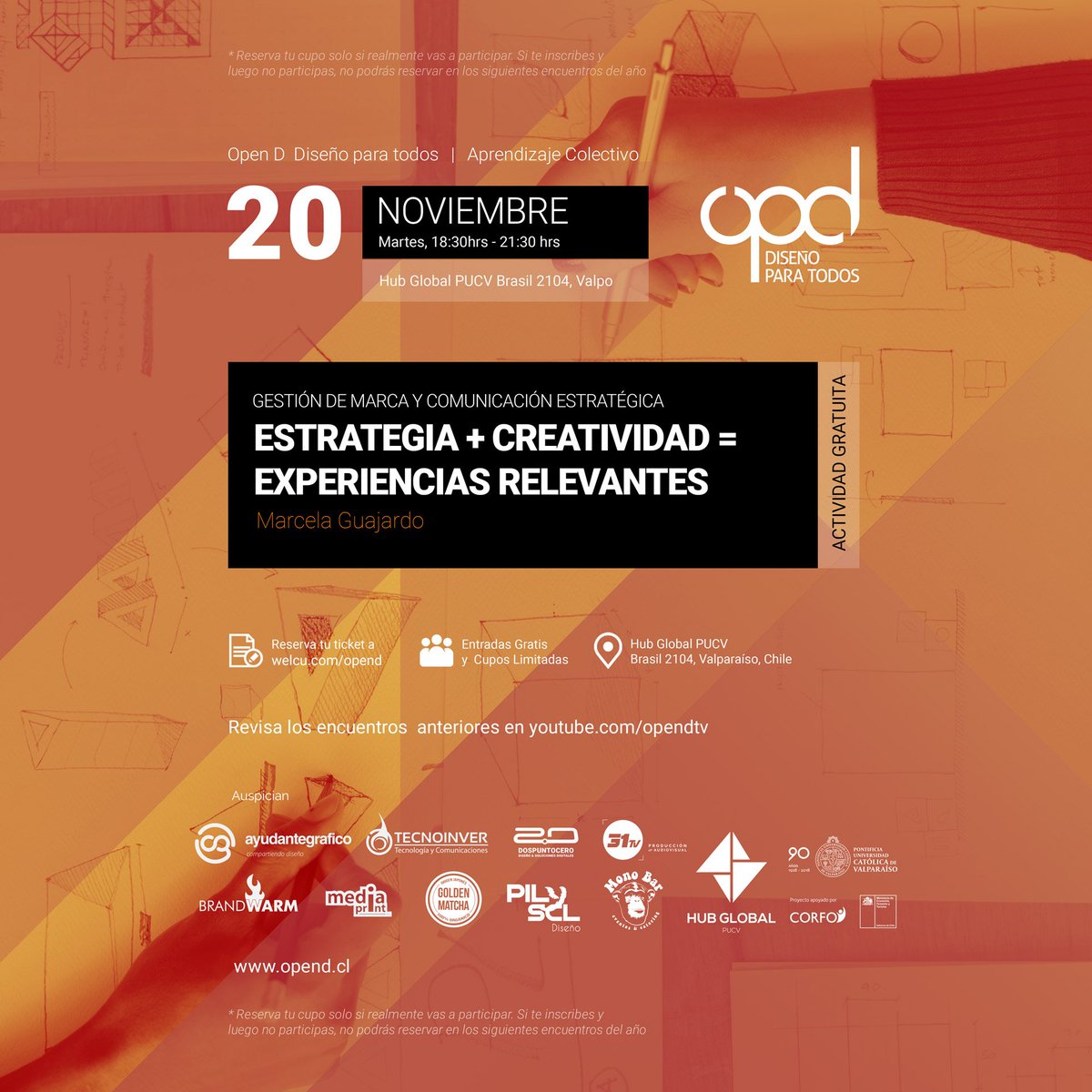 OpenD_'s tweet image. Opendeínos! Este Martes 20 de Noviembre en #Valpo Marcela Guajardo nos invita a una charla de Estrategia + Creatividad 
bit.ly/comest-opdvalpo

#charla #estrategia #comunicacion #diseño #diseñadores #valparaiso #valpo #encuentro #creatividad #hubGlobal #opend #gratis