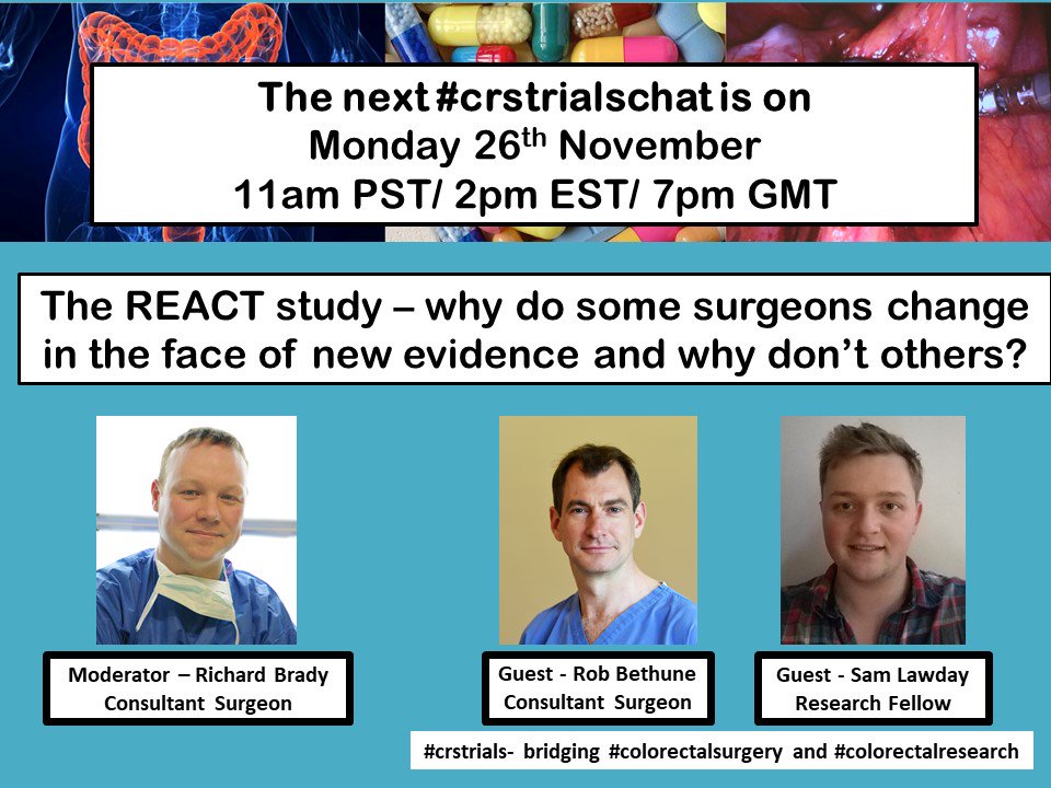 Rob Bethune (@robbethune) on Twitter photo Next @CRS_trials twitter chat - Monday 26th November 7pm GMT/2pm EST/11am PST. Why do/don't surgeons change their practice based on new evidence? <a href="/SWexner/">Steven D Wexner MD, PhD</a> <a href="/debby_keller/">Debby Keller, MD</a> <a href="/researchactive/">Richard Brady (researchactive.bsky.social)</a> <a href="/Mcfark/">Frank McDermott</a> <a href="/slawday/">Samuel Lawday</a> <a href="/Neil_J_Smart/">Neil Smart</a> <a href="/nader_nkfrancis/">Nader Francis</a> <a href="/laptan1/">tan arulampalam</a> <a href="/bottomdoc/">Ian Daniels FRCS</a> <a href="/bowelsurgeon/">James Kinross</a> Next @CRS_trials twitter chat - Monday 26th November 7pm GMT/2pm EST/11am PST. Why do/don't surgeons change their practice based on new evidence? <a href="/SWexner/">Steven D Wexner MD, PhD</a> <a href="/debby_keller/">Debby Keller, MD</a> <a href="/researchactive/">Richard Brady (researchactive.bsky.social)</a> <a href="/Mcfark/">Frank McDermott</a> <a href="/slawday/">Samuel Lawday</a> <a href="/Neil_J_Smart/">Neil Smart</a> <a href="/nader_nkfrancis/">Nader Francis</a> <a href="/laptan1/">tan arulampalam</a> <a href="/bottomdoc/">Ian Daniels FRCS</a> <a href="/bowelsurgeon/">James Kinross</a>