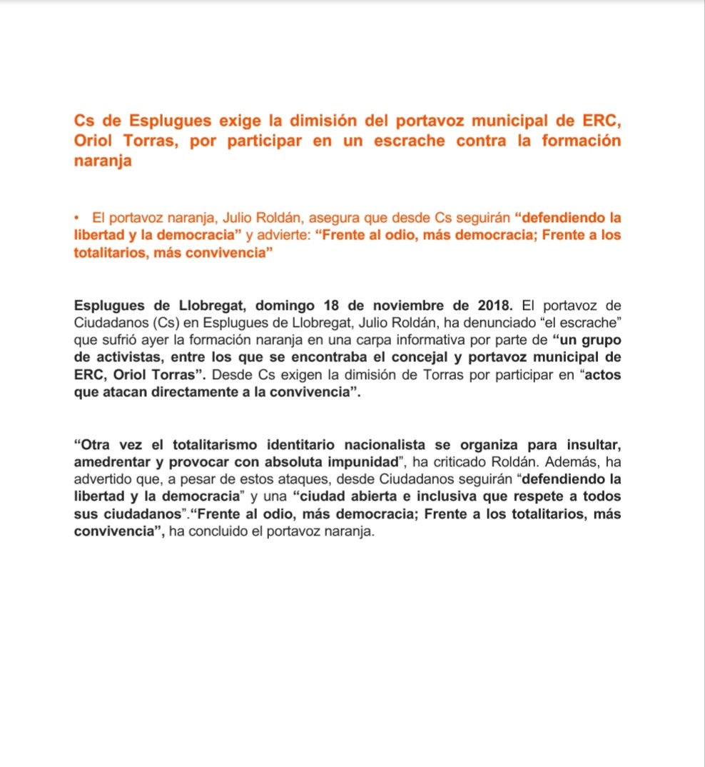 Cs_Esplugues's tweet photo. NOTA DE PRENSA @Cs_Esplugues exige la dimisión del portavoz municipal de ERC por participar en un escrache contra la formación naranja @CiutadansCs #Esplugues https://t.co/ZWNsHAXUxp