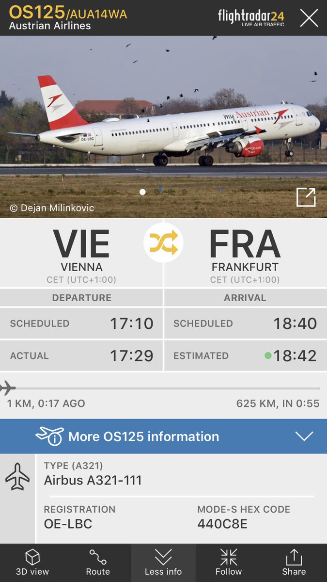 FlightIntl's tweet photo. Austrian Airlines flight #OS125 from Vienna (VIE) to Frankfurt (FRA) has just returned to Vienna shortly after departure https://t.co/bV9OuJRHHy https://t.co/OXQlyOJToH