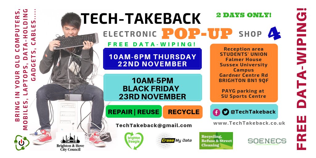 CityReuseDepot's tweet photo. Get to our next @TechTakeback #free #DataErasure and we organise best next life of your unwanted electronics, gadgets and cables! FAQs https://t.co/NbLVUoB5QX #weee #TechTakeback #Reuse #Repair #Resist #BlackFriday #BuyNot #DeClutter https://t.co/SGMH17lAr4