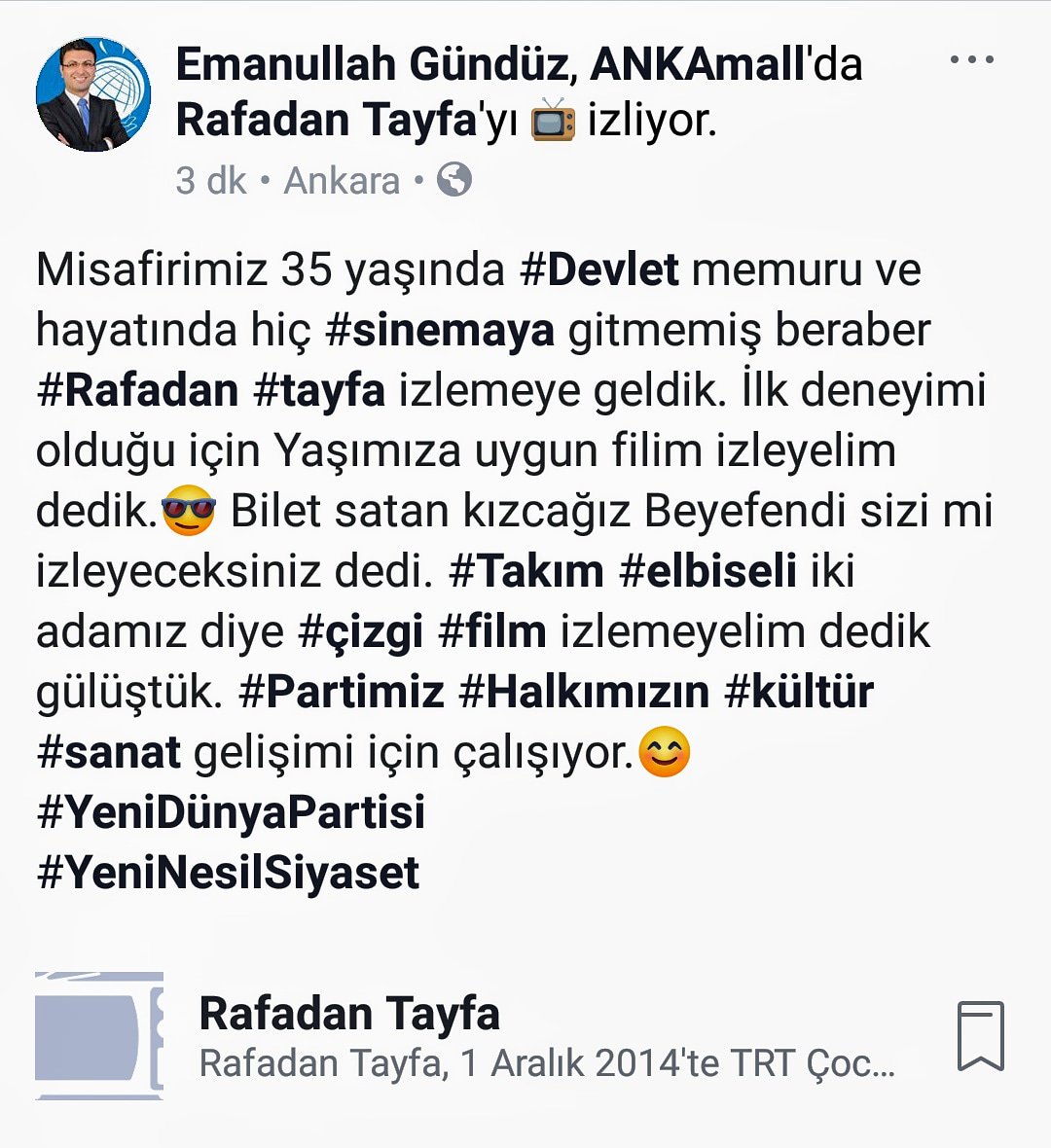 EmanullahGUNDUZ's tweet photo. Misafirimiz 35 yaşında #Devlet memuru ve hayatında hiç #sinemaya gitmemiş beraber #Rafadan #tayfa izlemeye geldik. İlk deneyimi olduğu için Yaşımıza uygun filim izleyelim dedik. #Partimiz #Halkımızın #kültür #sanat gelişimi için çalışıyor.😊
#YeniDünyaPartisi
#YeniNesilSiyaset https://t.co/2IiUAslxu0