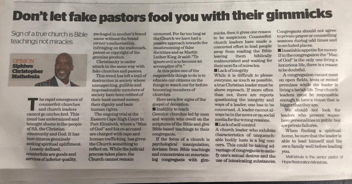 HopeRestoration's tweet photo. Today’s edition of @SundayWorldZA has this article by @mathebula_chris on page 11.

@SundayTimesZA @CRL_Commission #IdolsSA #SundayThoughts https://t.co/jmVBoAC14x